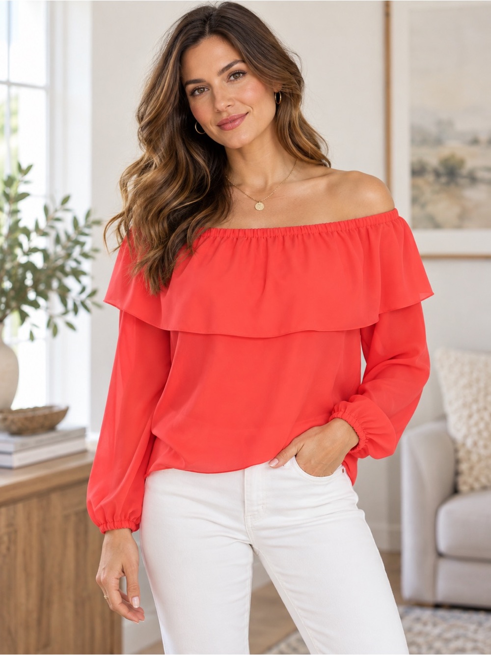 Coral Off Shoulder Ruffle Blouse Women’s XS Long Sleeve Feminine Top